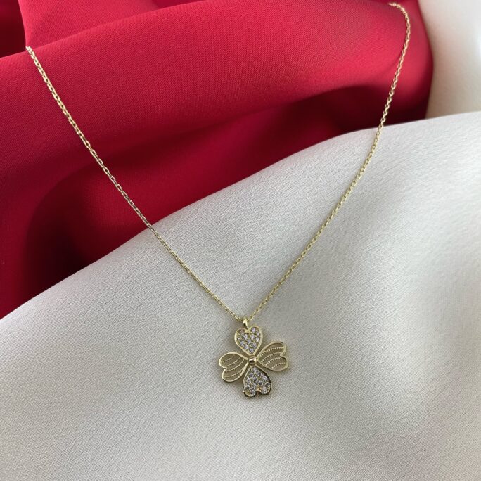 14K Solid Gold Tiny 4 Leaf Clover Necklace For Women, Good Luck Necklace, Pendant Mother's Day Gift