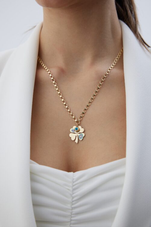 14K Solid Gold Turquoise White Enamel Clover Necklace, Dainty Four Leaf Pendant, Real Double Faced Charm, Gift For Best Friend
