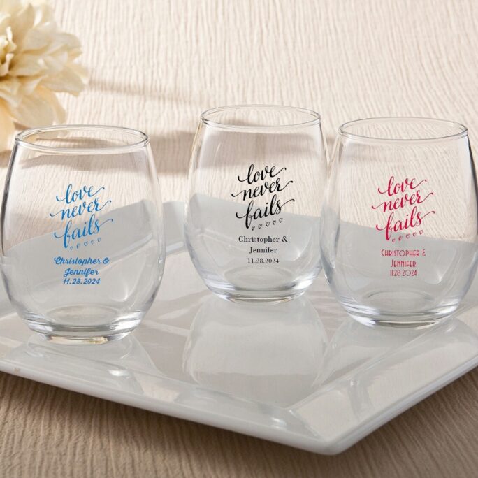 24+ Personalized Stemless Wine Glasses Wedding Favors, Love Never Fails Custom Glass, Reception Gift