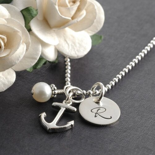 Anchor Necklace, Initial Jewelry, Pearl, Personalized Initial, Anchor Friendship, Bff, Sterling Silver Charm