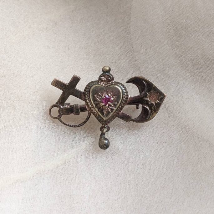 Antique Gold Ruby Faith Hope Love Anchor Heart Cross C-Clasp Pin Brooch Minimal Religious Icon Catholic Goth Christian Small Crucifix