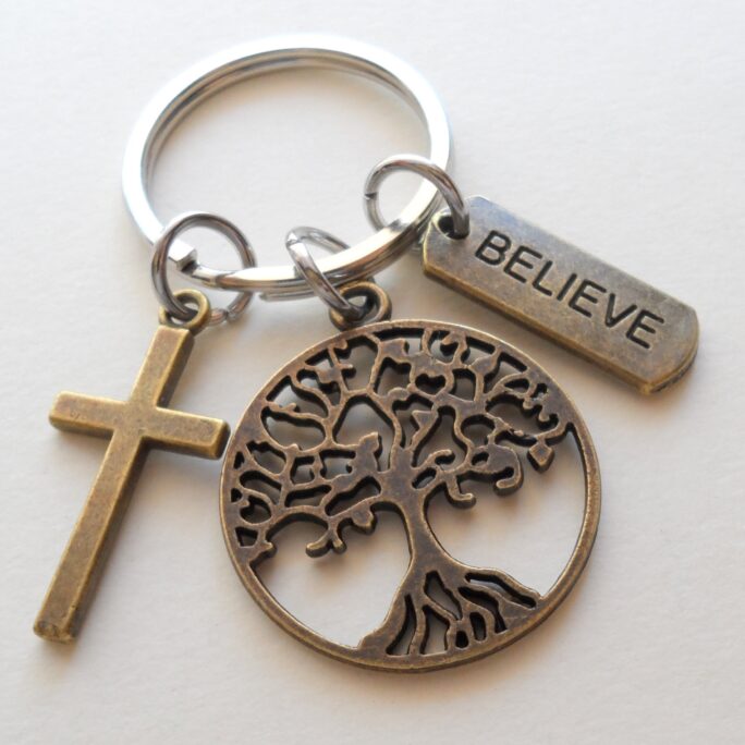 Bronze Cross & Tree Charm Keychain With Believe Charm, Religious Keychain, Christian Belief Faith