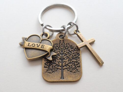 Bronze Cross & Tree Charm Keychain With Love Heart Charm, Religious Keychain, Christian Belief Faith