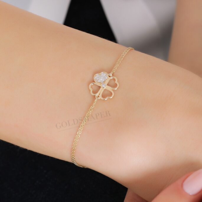 Clover Bracelet, 14K Solid Gold Luck Bridesmaid Gift, Wedding Anniversary Christmas Gift