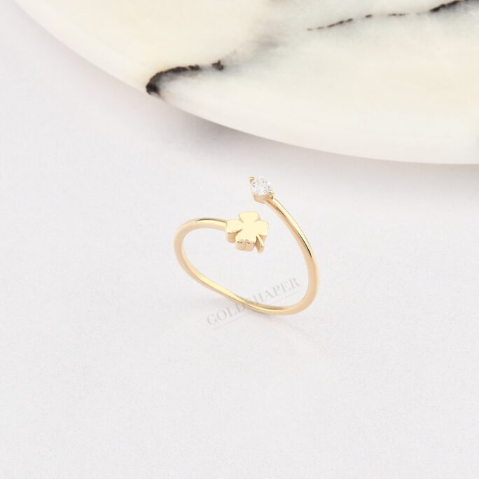 Clover Ring, 14K Solid Gold Leaf Handmade Star Jewelry, Birthday Gift, Gift For Her, Christmas Gift