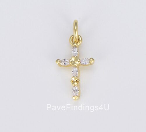 Dainty 18K Gold Cross Charm, Cz Micro Pave Pendant For Necklace Bracelet Earring Charm Supply Religious Jewelry, 18x9mm, Cp1481