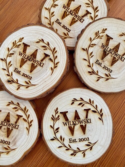 Engraved Monogram Wood Coaster Set - Family Name Coasters Perfect Wedding, Engagement, Anniversary, Or Christmas Present