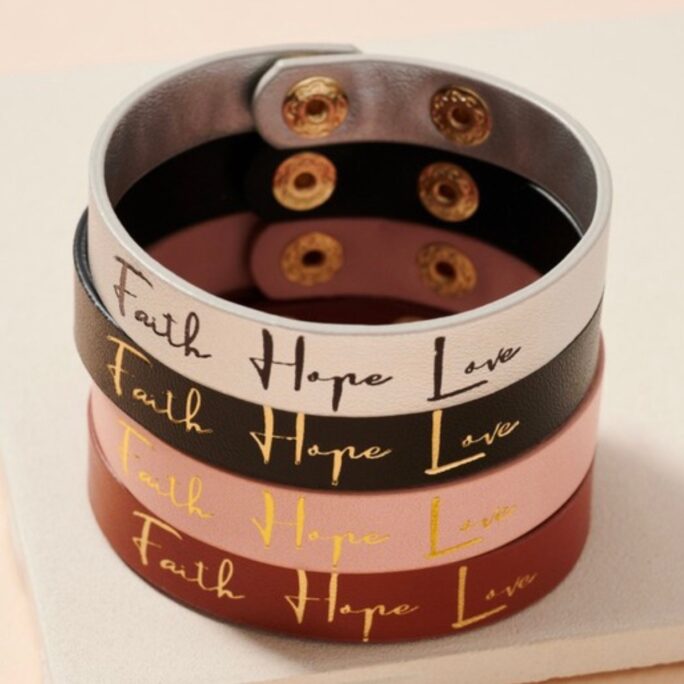 Faith Hope Love Leather Snap Bracelet, Adorable Fun Strong Saying Trendy Piece
