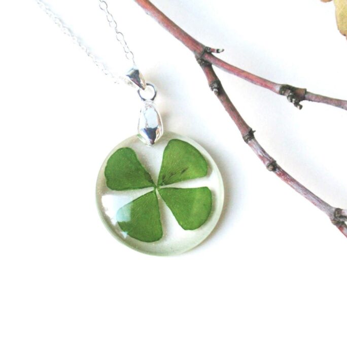 Four Leaf Clover Necklace - Lucky Charm Resin Pendant Shamrock