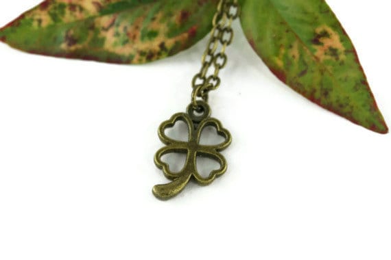 Four Leaf Clover Necklace, Rustic Whimsical Luck O' The Irish Botanical Shamrock Good Lucky Charm Simple Minimalist St. Patricks Day Jewelry