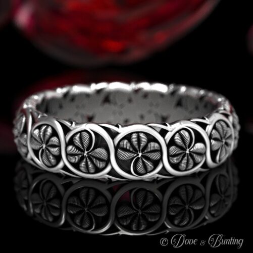 Four Leaf Clover Ring, Sterling Silver Art Nouveau Botanical Lucky Wedding Band, 1571