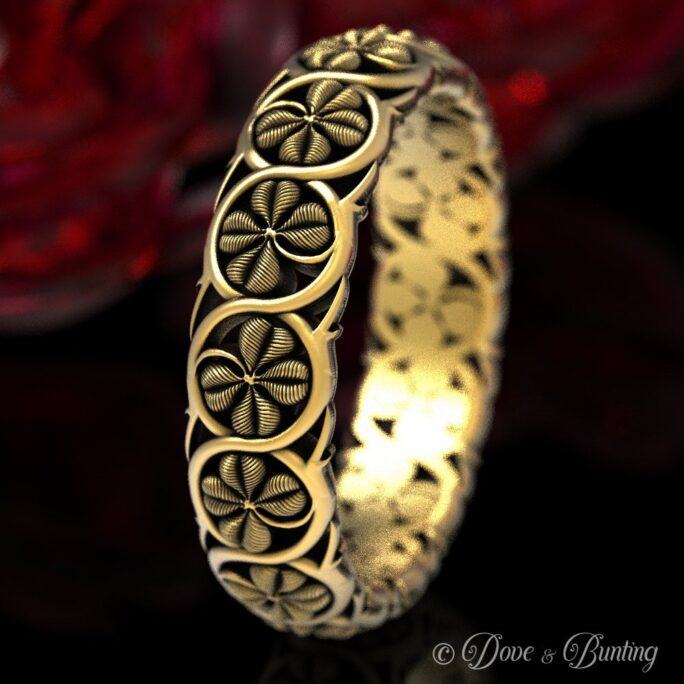 Gold Four Leaf Clover Ring, Irish 4 Art Nouveau Botanical Wedding Lucky Band, 1571