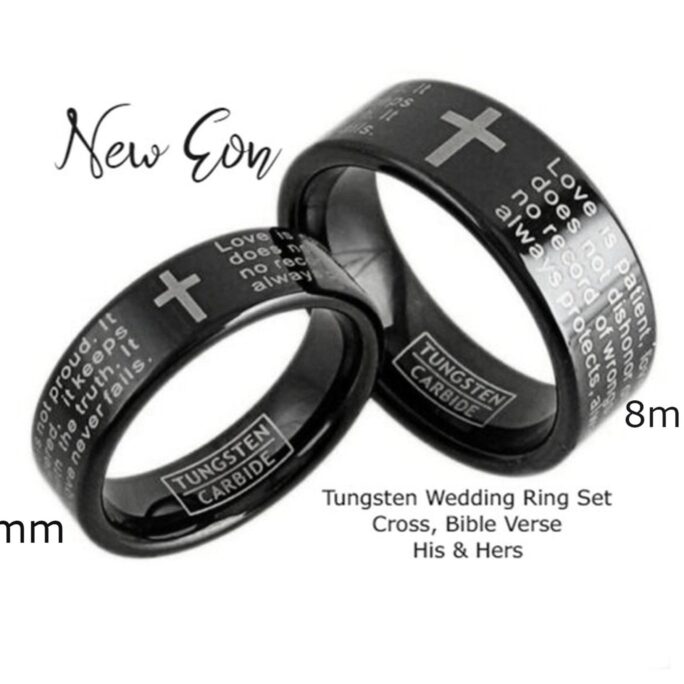 His & Hers Tungsten Bands, Matching Rings Set, Christian Wedding Cross Bible Verse Bands