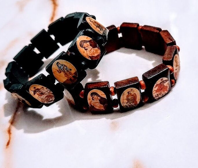Holy Bracelet, Religious Elastic Bracelet With Holy Icons in Wooden Beads, Made Tinos