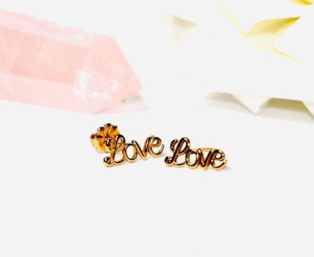 Love Earrings, Love Stud, Heart Wire Gold Silver Gift For Her, Galantines Gifts