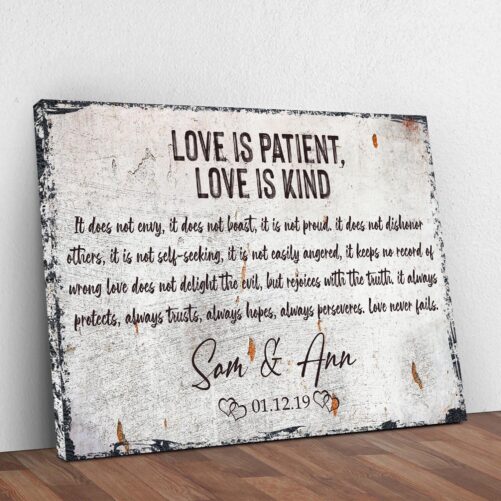 Love Is Patient Kind Sign Wall Art, Personalized Couple Name Decor, Vintage Wedding Anniversary Gift For - Newly Wed