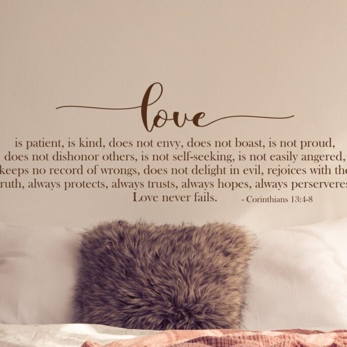 Love Is Patient, Love Kind, Corinthians 13 4-8 // Bible Verse Wall Art Vinyl Decal, Scripture Decor, Above Bed Decal