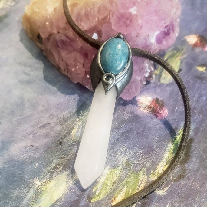 Love Is Patient. Raw Aquamarine Necklace Pendant With Rose Quartz Point. Clay & Crystals Handmade Jewelry By Shophiasdreaming