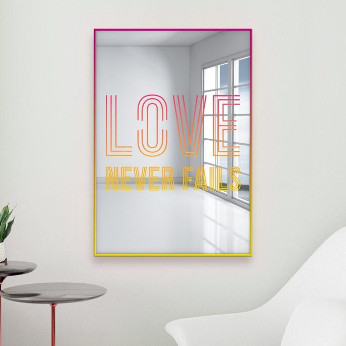 Love Never Fails Acrylic Wall Mirror, Quote Art, Word Art Accent Piece, Pop Up 60S Style Decor, Cool Dorm