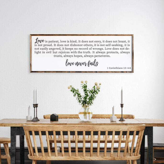 Love Never Fails Sign - Framed Wood 1 Corinthians 134-8 Dining Room Farm House Wall Decor #phs44
