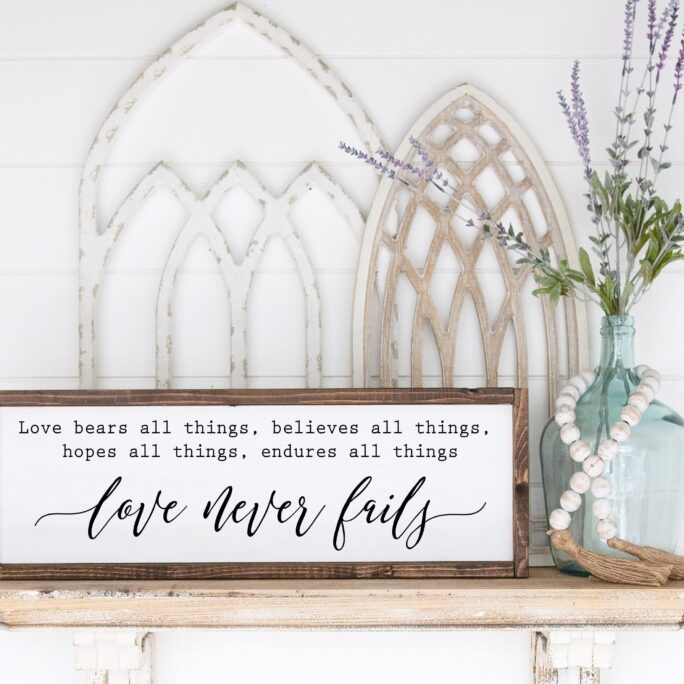 Love Never Fails Wood Framed Canvas | Bears All Things Bedroom Sign Decor Wedding Gift Farmhouse