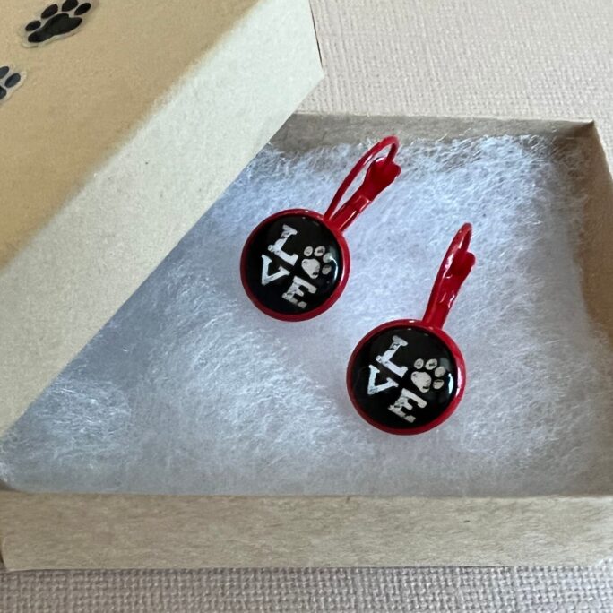 Paw Love Earrings, Red Enamel Bezel Setting With Lever Back Closure