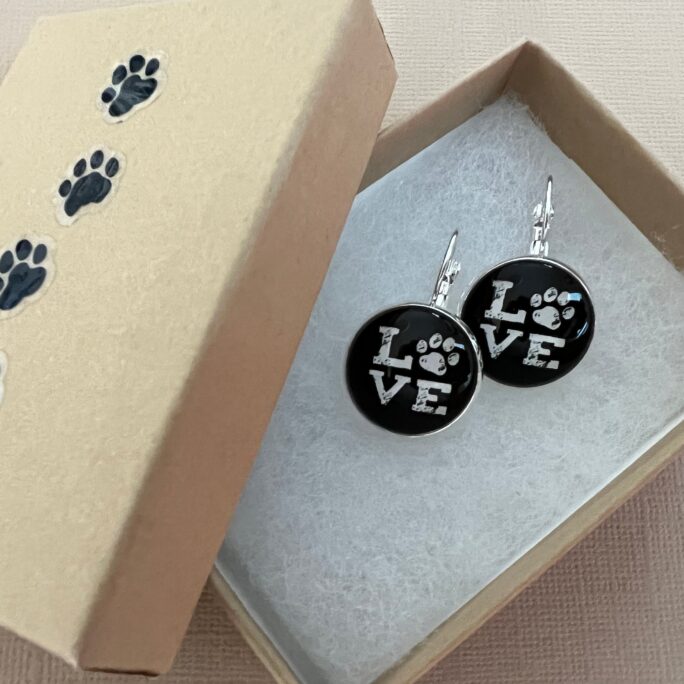 Paw Love Earrings, Shiny Silver Bezel Setting With Lever Back Closure