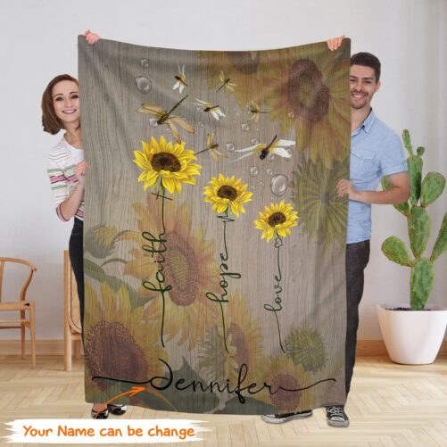 Personalized Name Dragonfly Sunflower Fleece Blanket, Custom Name, Faith Hope Love Heartbeat Dragonflies Birthday Gift For Her Him