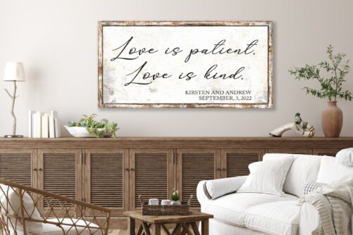 Wedding Gift For Couple Love Is Patient Personalized Anniversary Modern Farmhouse Signs Rustic Home Wall Decor Bedroom Large Art