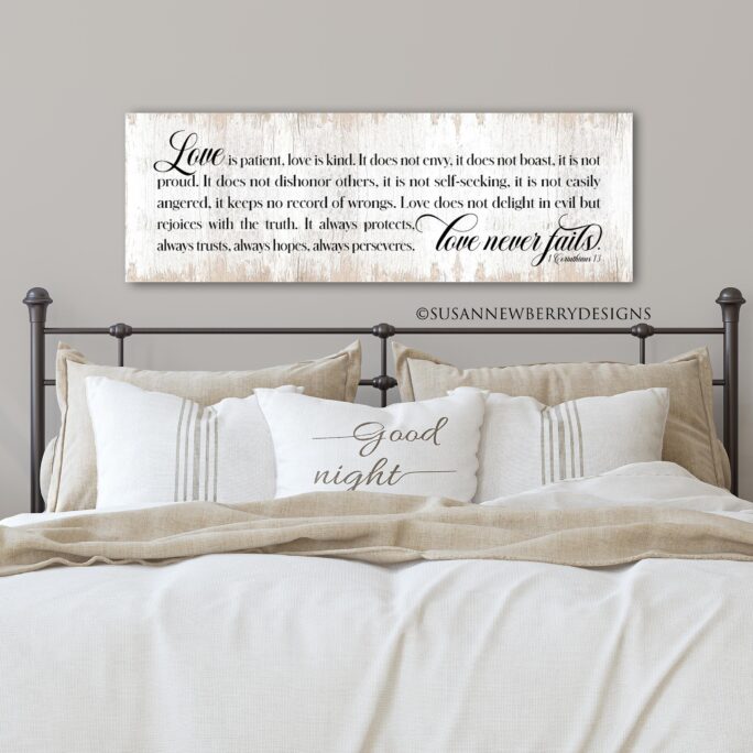 Love Never Fails Modern Canvas Farmhouse Sign - Inspirational Wall Art Ready To Hang Christian Perfect For Over The Bed