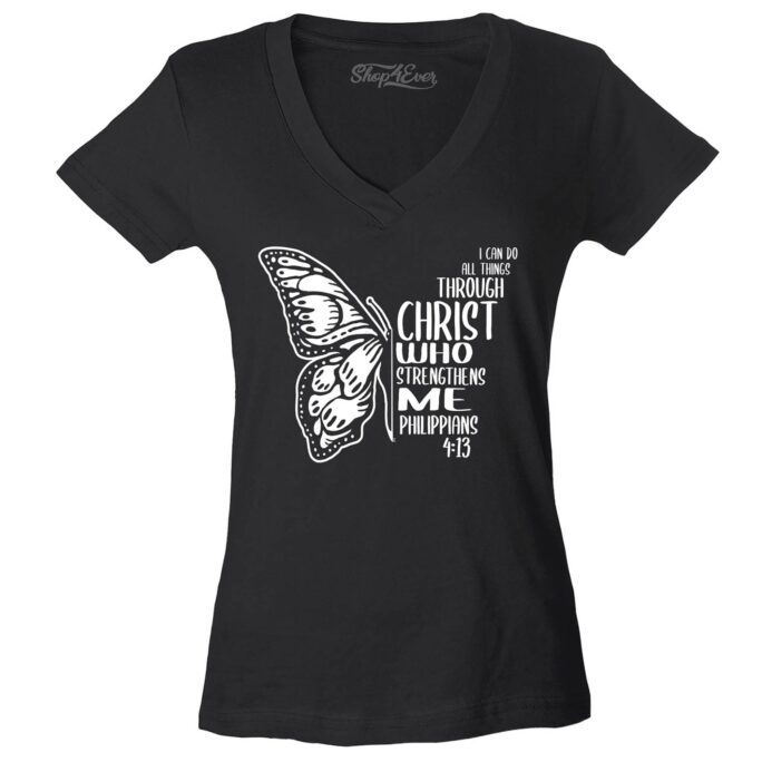 Philippians 413 Butterfly Verse I Can Do All Things Through Christ Women's V-Neck T-Shirt Slim Fit