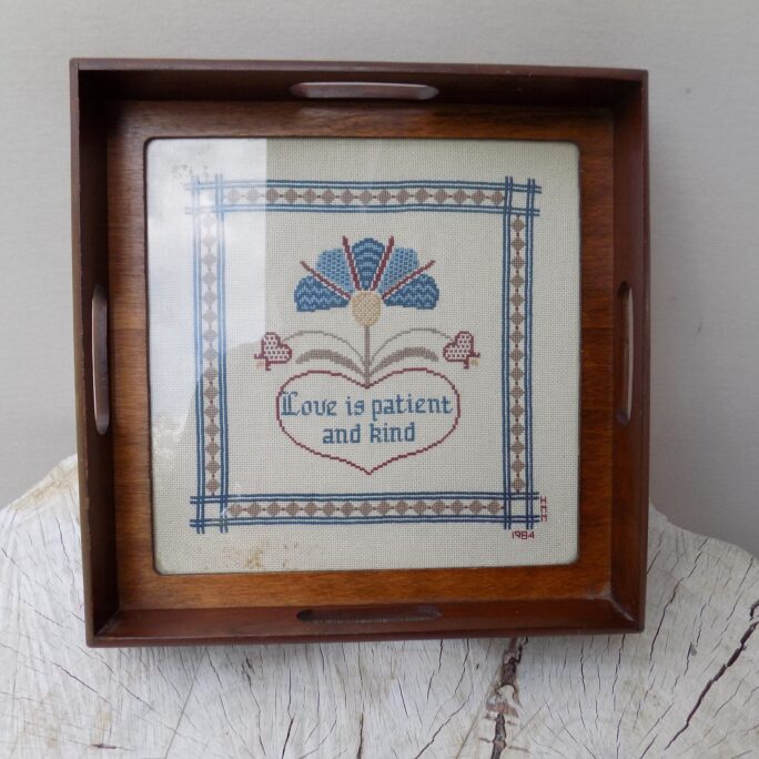 Tray With Needlepoint Message Love Is Patient & Kind, Vintage Wood, Wooden With Insert, Serving