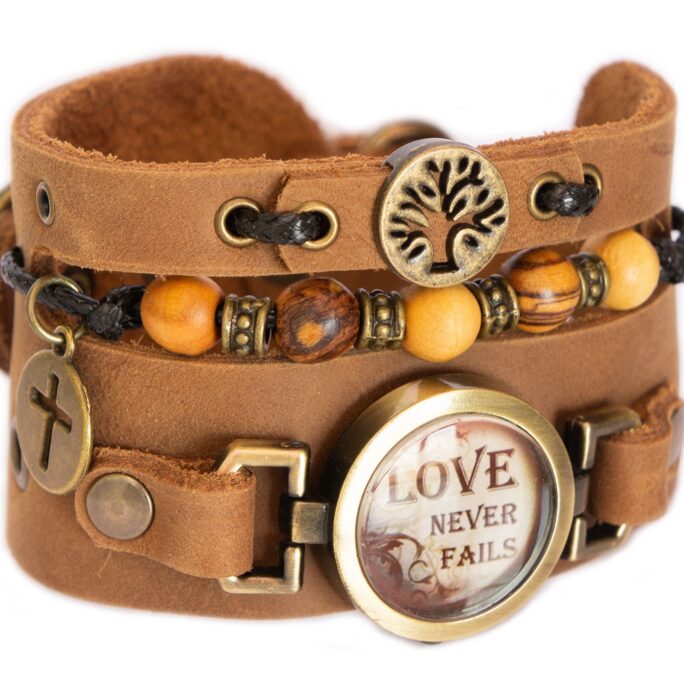 Tree Of Life Christian Bracelet Love Never Fails - Scripture Wristband With Holy Land Olive Wood Beads Camel Brown Leather
