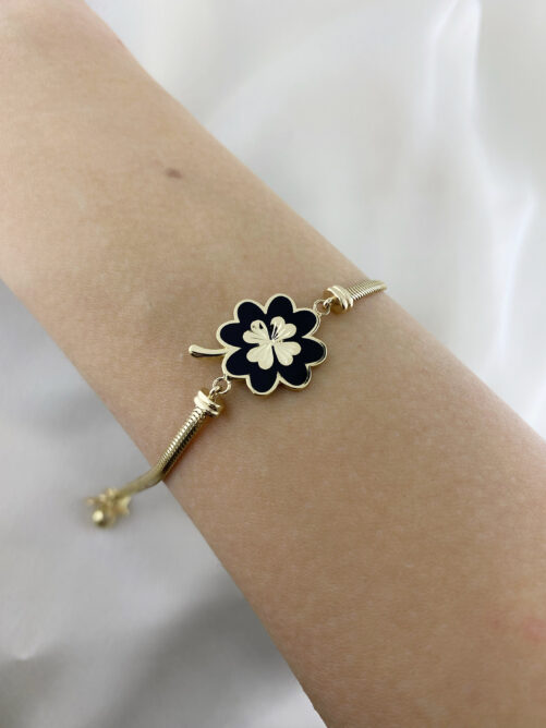 14K Gold Clover Bracelet, Black Mother's Day Gift, Four Leaf Good Luck Bracelet