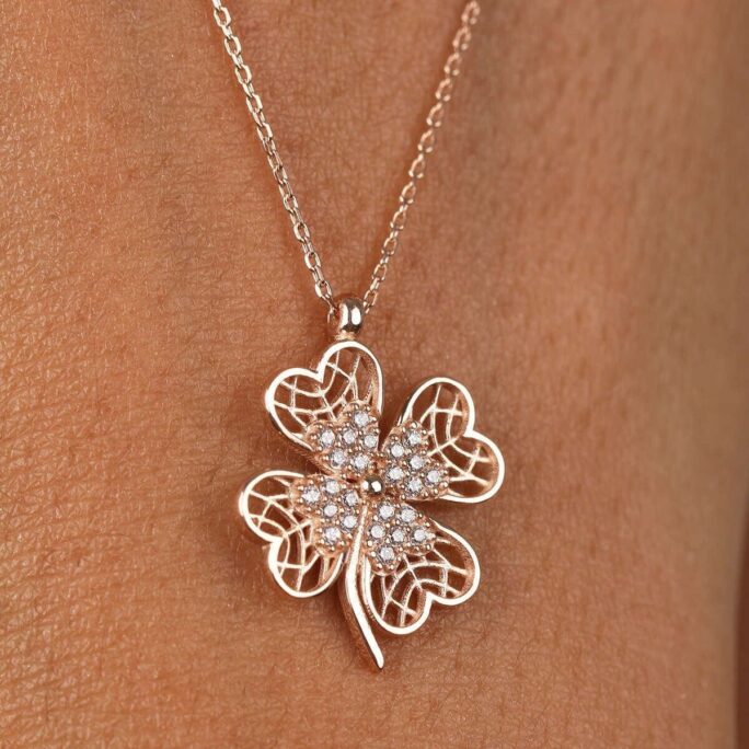 14K Solid Gold Four Leaf Necklace/ 14K Lucky Clover Charm /Shamrock Floral Necklace For Women/ Valentine's Day Gift For Her