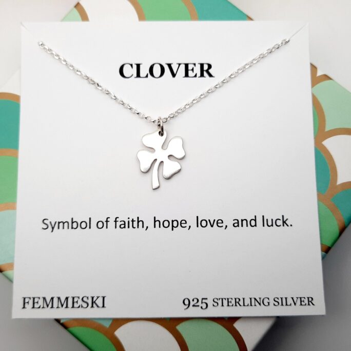 Clover Necklace Message Card Of Faith Hope Love & Luck, Dainty Sterling For Women, Birthday Christmas Graduation Gifts