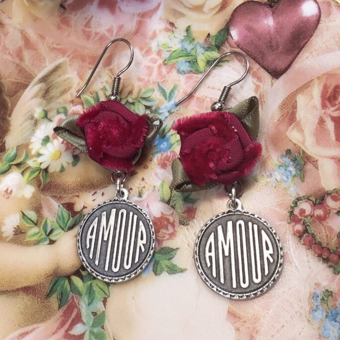 Burgundy Velvet Rose Amour Earrings, Sterling Silver Ox Charms, With Handmade Dark Red Roses. Romantic French Love Earrings
