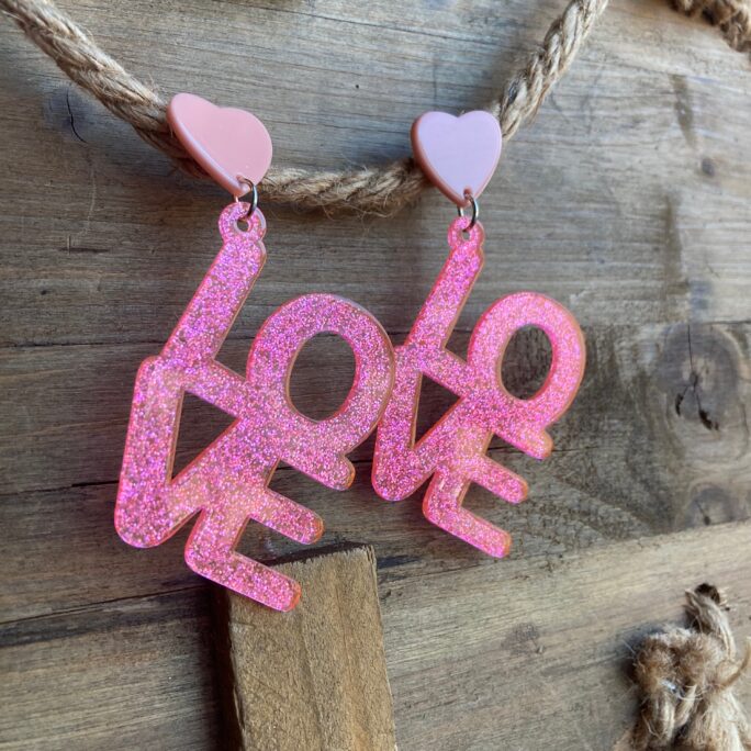 Glittery Pink Acrylic Love Earrings, Valentine's Day Glitter Heart Earrings