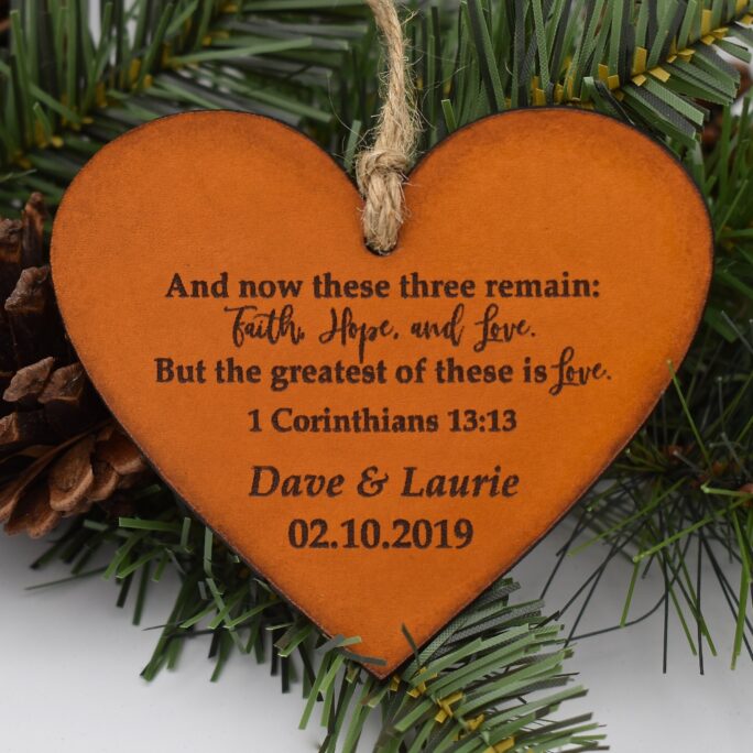 Personalized Anniversary Ornament - Christian Wedding Gift Bible Verse 1 Corinthians 1313 Leather 3rd Valentine