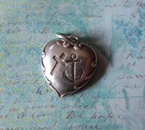Vintage Sterling Puffy Heart Rebus Charm For Hope, Faith & Charity, Christian With Cross & Anchor On Heart, Collectible Gift