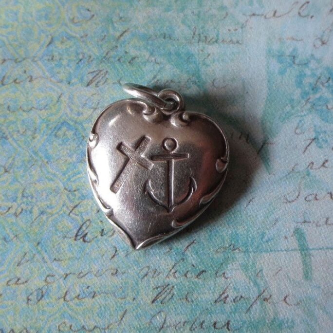 Vintage Sterling Puffy Heart Rebus Charm For Hope, Faith & Charity, Christian With Cross & Anchor On Heart, Collectible Gift