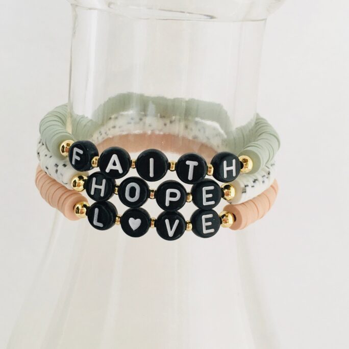 Faith, Hope, Love Bracelet Stack, Set Of 3 Vinyl Heishi Bracelets, Custom Word Valentine Gift, Inspirational Bracelets