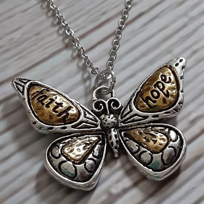 Gold & Silver Butterfly Necklace Faith Hope Love Golden Winged