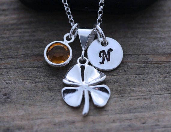 Sterling Silver Four Leaf Clover Necklace, Personalized Birthstone & Initial, Faith Hope, Love, Good Luck Irish Jewelry, St. Patrick's Day