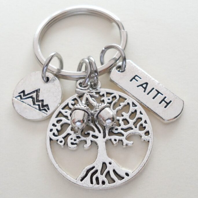 Tree, Mountain & Seeds Keychain With Faith Charm, Religious Keychain, Christian Belief