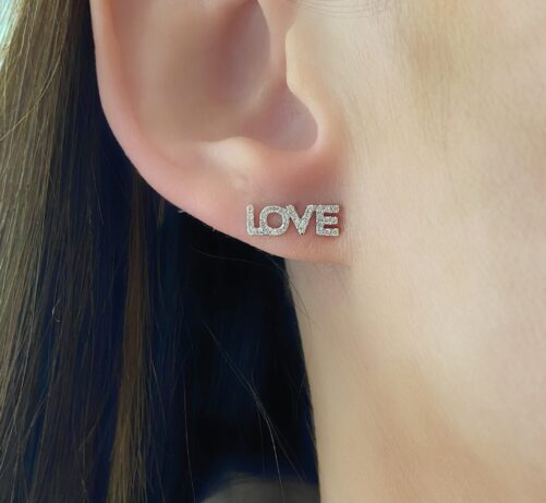 14K White Gold Diamond Love Earring| Block Studs| Tiny Studs For Women| Earring Stack| Gift Her