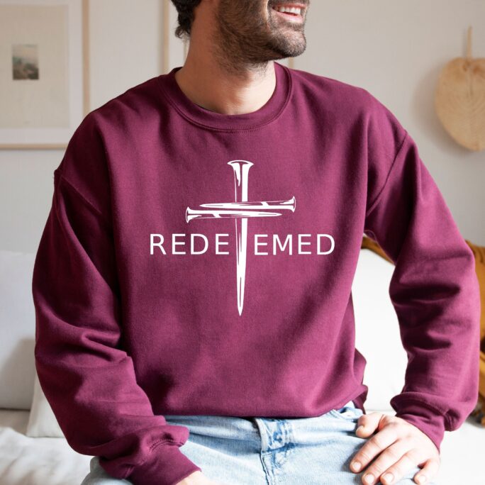 Christian Cross Sweatshirt, Jesus Sweater, Vertical Faith Religious Church Redeemed Sweater