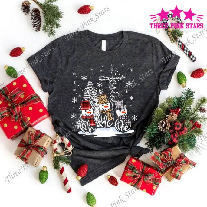 Faith Hope Love Jesus Leopard Snowman Christmas Shirt, Family T-Shirt, Holiday Clothing, Shirt Tee E3238