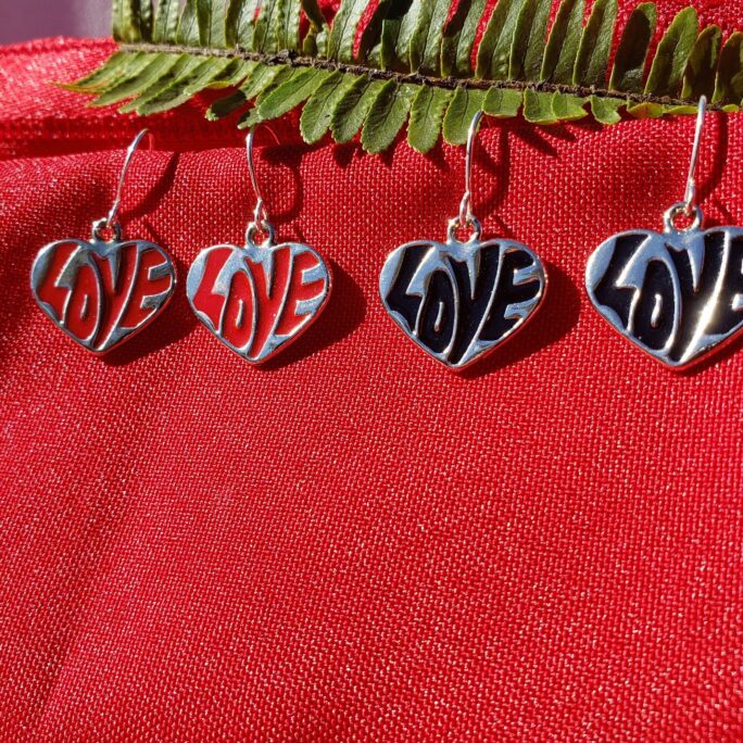 Love Earrings, Heart Love Heart, Heart Silver Charm Earring, Red Black
