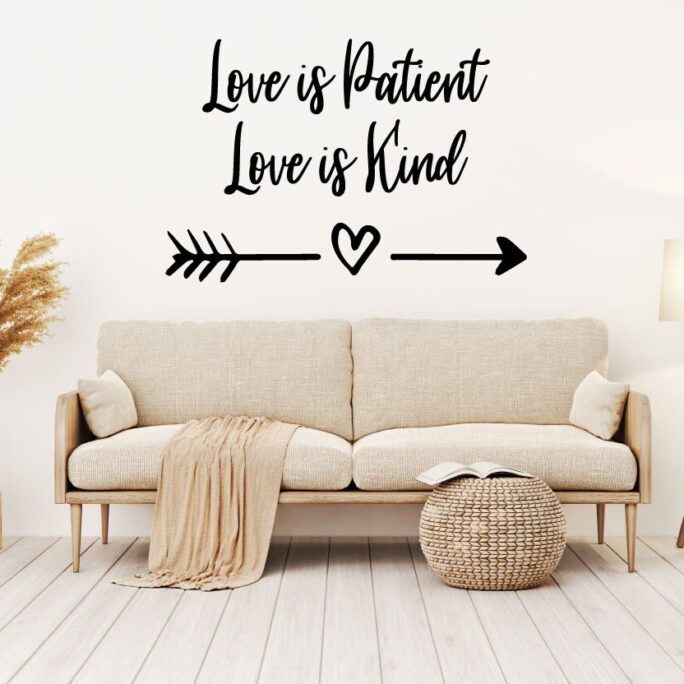 Love Is Patient Kind Inspirational Quote With Arrow- Vinyl Wall Decal - Home Decor For Bedroom, Family Room, Or Nursery Removable